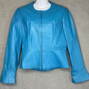 Shape FX Art to Wear Turquoise Genuine Leather Jacket Womens Size 12 Full Zip